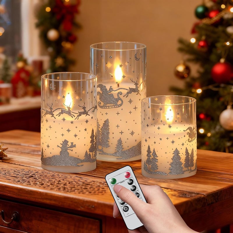 DRomance Reindeer Glass Flameless Candles Battery Operated with Remote and Timer Real Wax Silver Glitter 3D Wick LED Flickering Candles Warm Light Indoor Christmas Holiday Decor 3" D x 4", 5", 6" H - Image 1